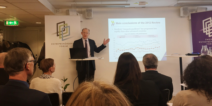 Andre W. Wyckhoff från OECD presenterade den nya rapporten med fokus på svensk forskning och innovation under ett seminarium hos Entreprenörskapsforum. Bild: Ingenjören