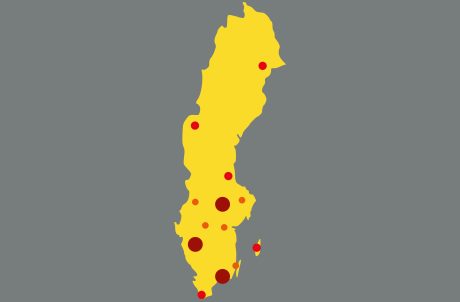 Karta över Sverige med ingenjörstäta valkretsar inritade
