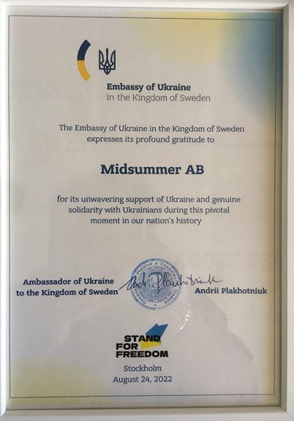 diplom till Midsummer från Ukrainas Sverige-ambassadör