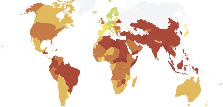 Världskarta med olika färg för länderna beroende på hur rättigheterna för anställda är i landet.