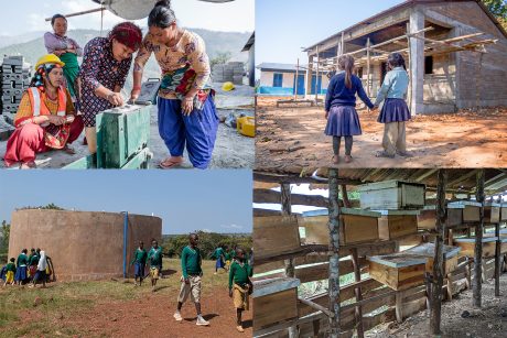 Överst vänster: Kvinnliga arbetare i Nepal. Foto Build up Nepal. Överst höger: En jordbävningssäker skolbyggnad i Nepal. Foto Build up Nepal. Nederst vänster: Tank med färskvatten vid Ndama Primary School, Tanzania. Nederst höger: Ny bikupor i Tanzania.