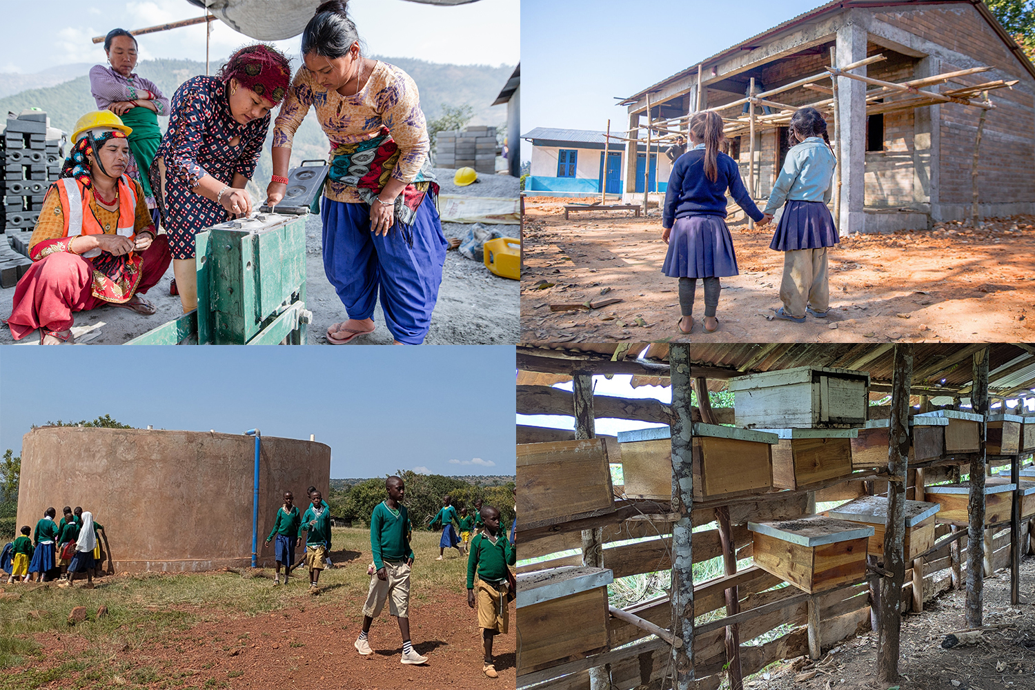 Ingenjörer_utan_gränser Överst vänster: Kvinnliga arbetare i Nepal. Foto Build up Nepal. Överst höger: En jordbävningssäker skolbyggnad i Nepal. Foto Build up Nepal. Nederst vänster: Tank med färskvatten vid Ndama Primary School, Tanzania. Nederst höger: Ny bikupor i Tanzania.