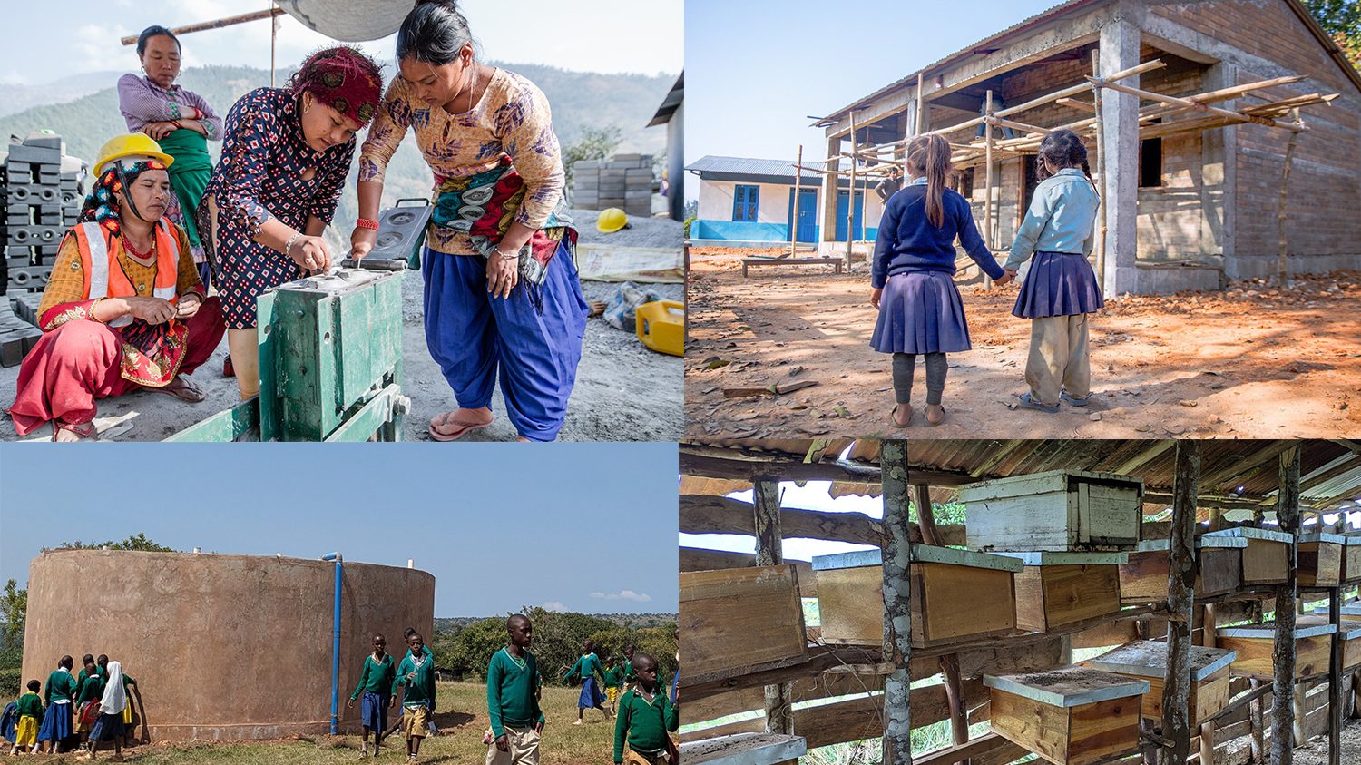 Överst vänster: Kvinnliga arbetare i Nepal. Foto Build up Nepal. Överst höger: En jordbävningssäker skolbyggnad i Nepal. Foto Build up Nepal. Nederst vänster: Tank med färskvatten vid Ndama Primary School, Tanzania. Nederst höger: Ny bikupor i Tanzania.