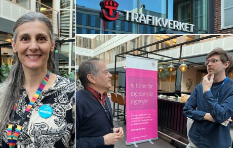 Viktoria Andersson, ordförande för Saco-S-föreningen på Trafikverket, och förtroendevalda ingenjören Rigoberto Orostica pratar med medlemmar