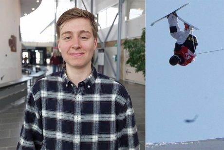 Elis Lundholm som är transperson tycker att både kursare och lärare på civilingenjörsutbildningen är schyssta och accepterande.. Elis tävlar i världstoppen i puckelpist och det kräver flexibilitet i studierna. Foto Bertil Janson och privat.