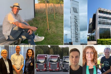 Blandade bilder: Pontus som sitter på en veranda, Ericsson-kontor, tre förtroendevalda på Volvo cars, tre ingenjörer som bytt bransch, Scania-lastbilar