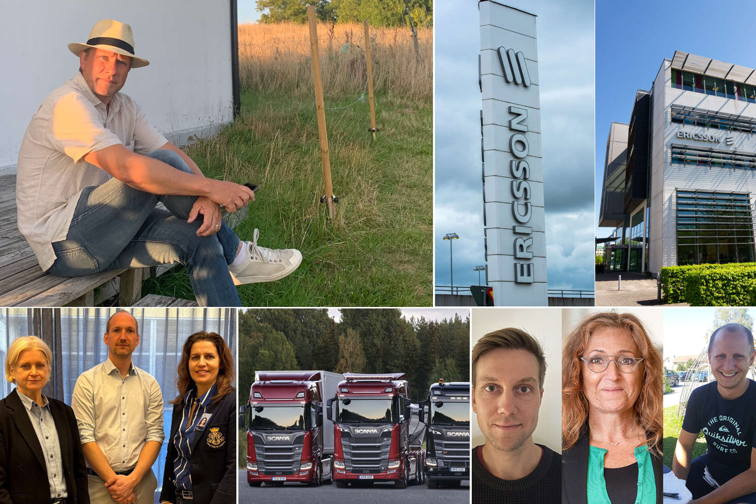 Mest_last_h1_2026 Blandade bilder: Pontus som sitter på en veranda, Ericsson-kontor, tre förtroendevalda på Volvo cars, tre ingenjörer som bytt bransch, Scania-lastbilar