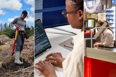 Sommarjobbare i skogen, som programmerar och sitter i kassan